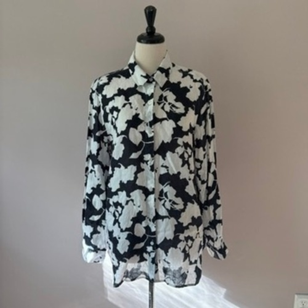 J. Jill Abstract Floral 100% Linen Button Down Shirt Women's M Black White